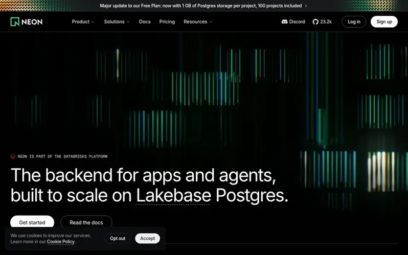 Screenshot of the Neon homepage