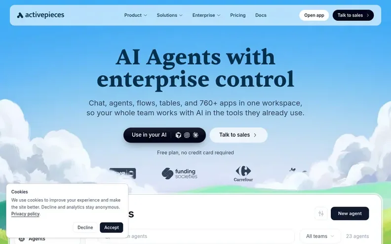 Screenshot of the Activepieces homepage