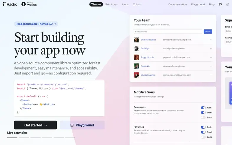 Screenshot of the Radix UI homepage