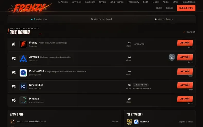Screenshot of the Frenzy homepage