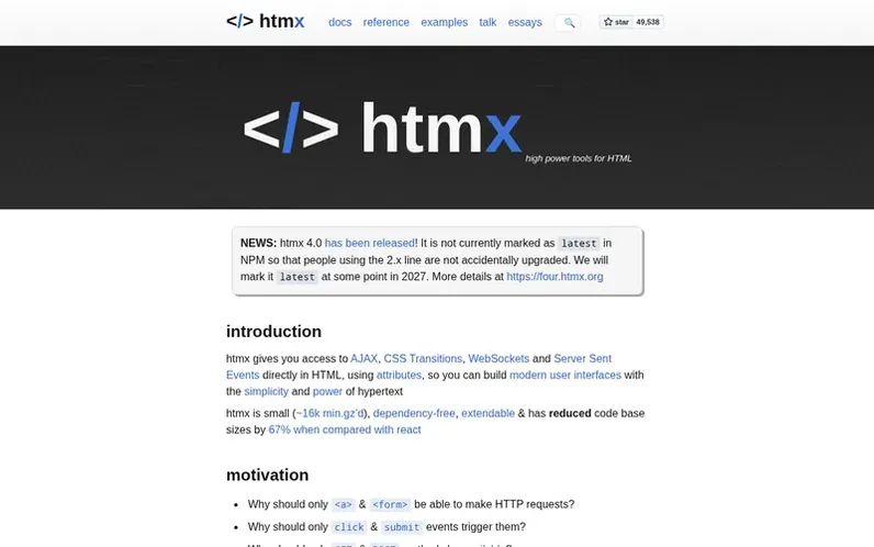 Screenshot of the htmx homepage