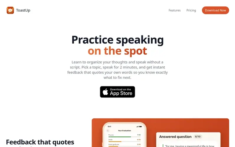 Screenshot of the ToastUp homepage