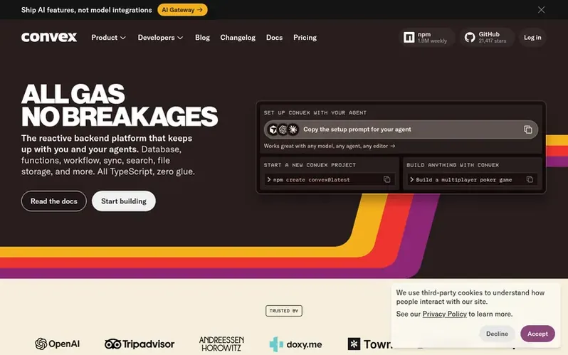 Screenshot of the Convex homepage