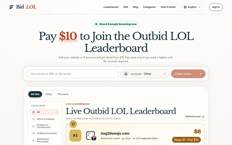 Screenshot of the Outbid LOL homepage