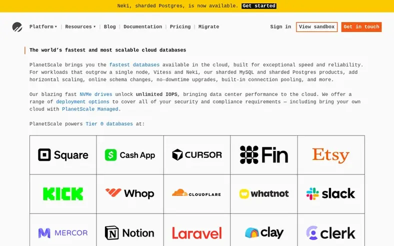 Screenshot of the PlanetScale homepage