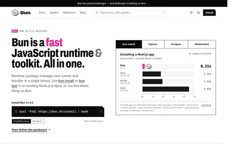 Screenshot of the Bun homepage