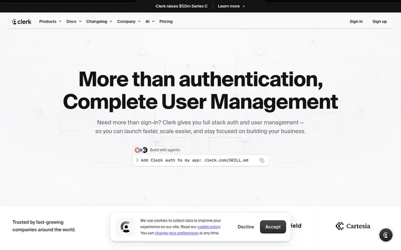 Screenshot of the Clerk homepage
