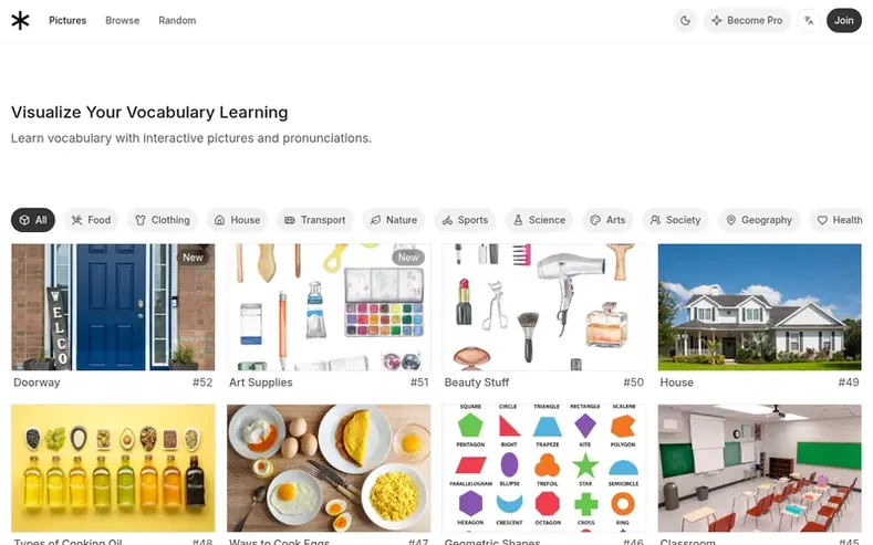 Screenshot of the Visual Dictionary homepage
